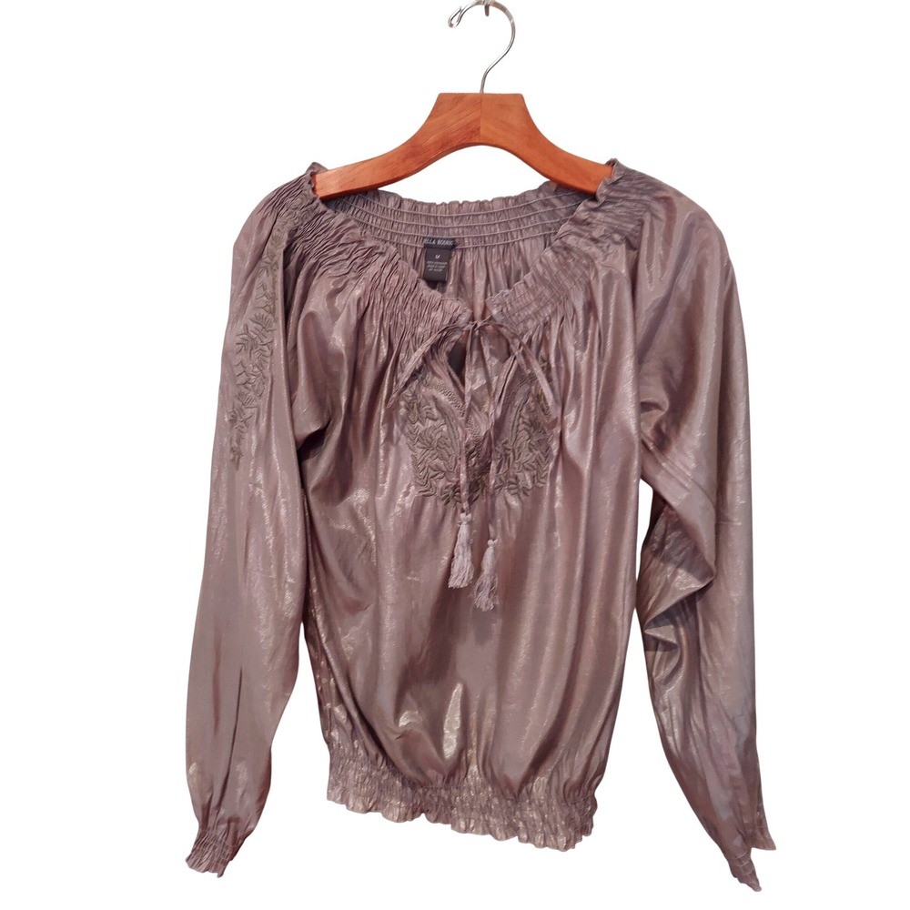 Ella Rodriguez Womens Blouse Size M Metallic Taupe‎ Embroidered Smocked Peasant